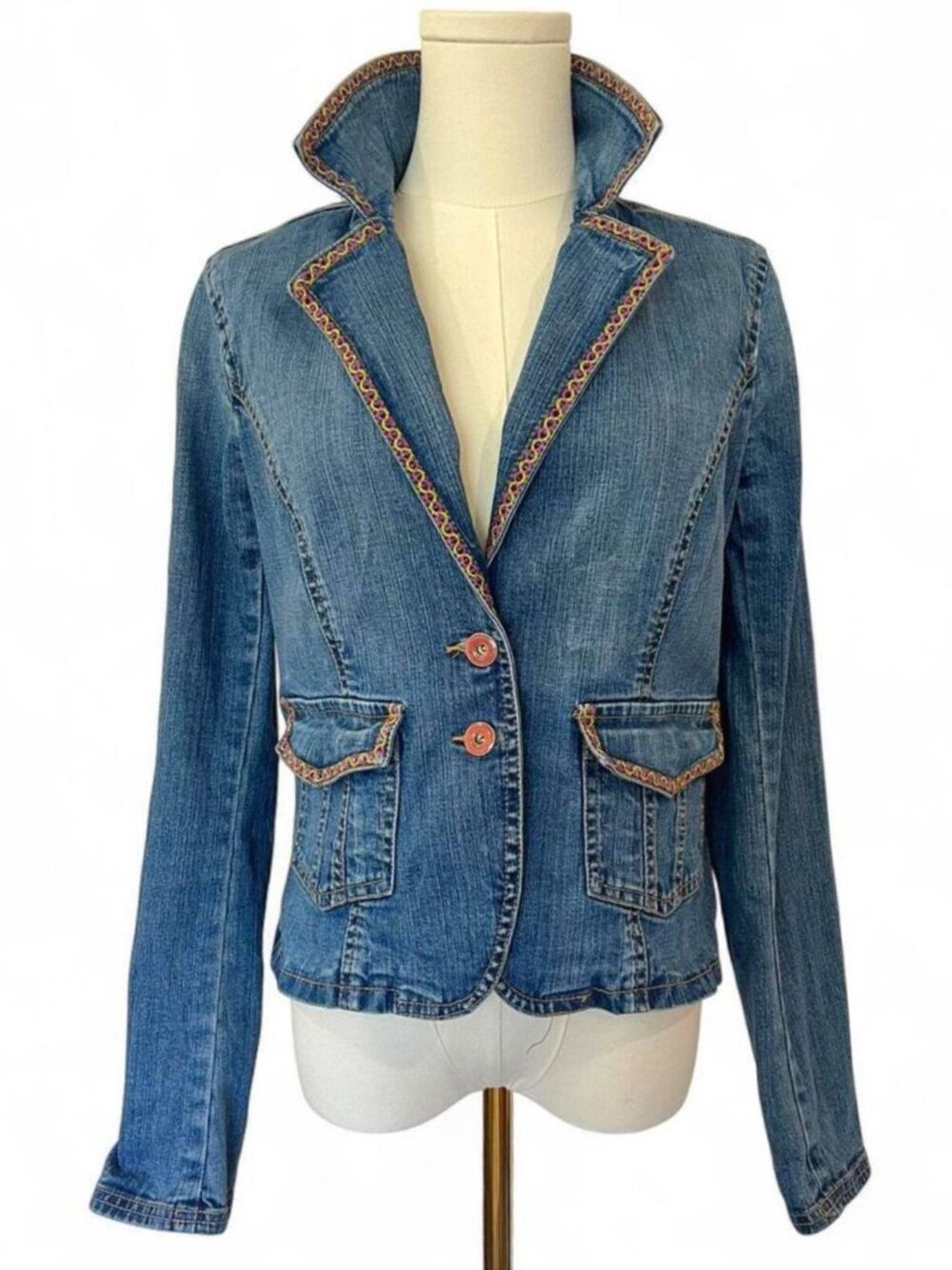 Tommy Jeans Y2K Denim Blazer Embroidered Trim Logo Buttons Fits XS Marked L Boho